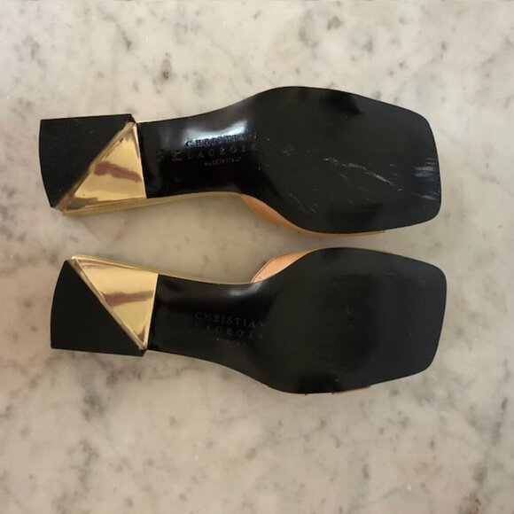 CHRISTIAN LACROIX Faux Pearl Gold Triangle Heel Tan Slide Sandal 5.5 - Picture 10 of 17